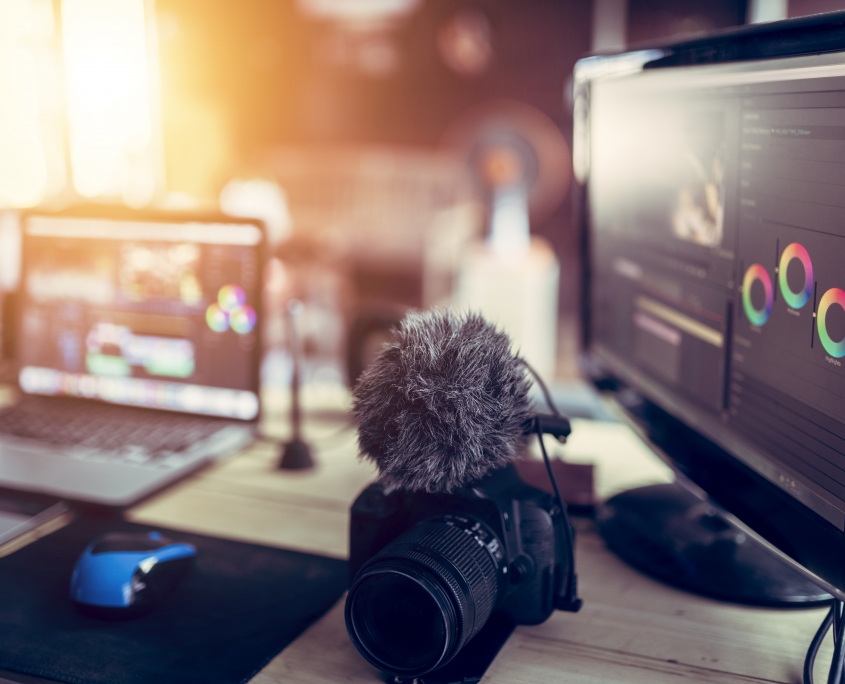 Freelance desk and laptop for editing footage is job for content upload to internet.